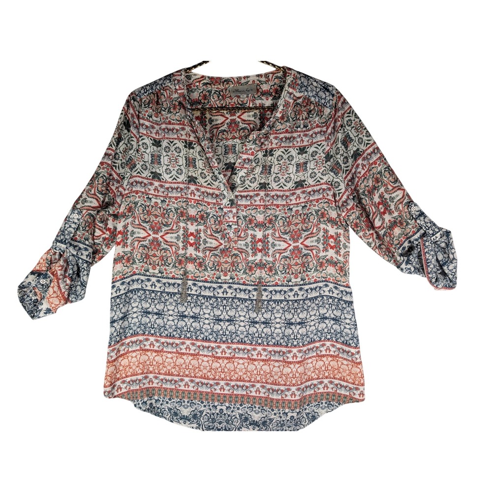 Meera Lane Womens Red Blue Paisley Medallion Roll Tab Sleeve Henley Blouse 0X